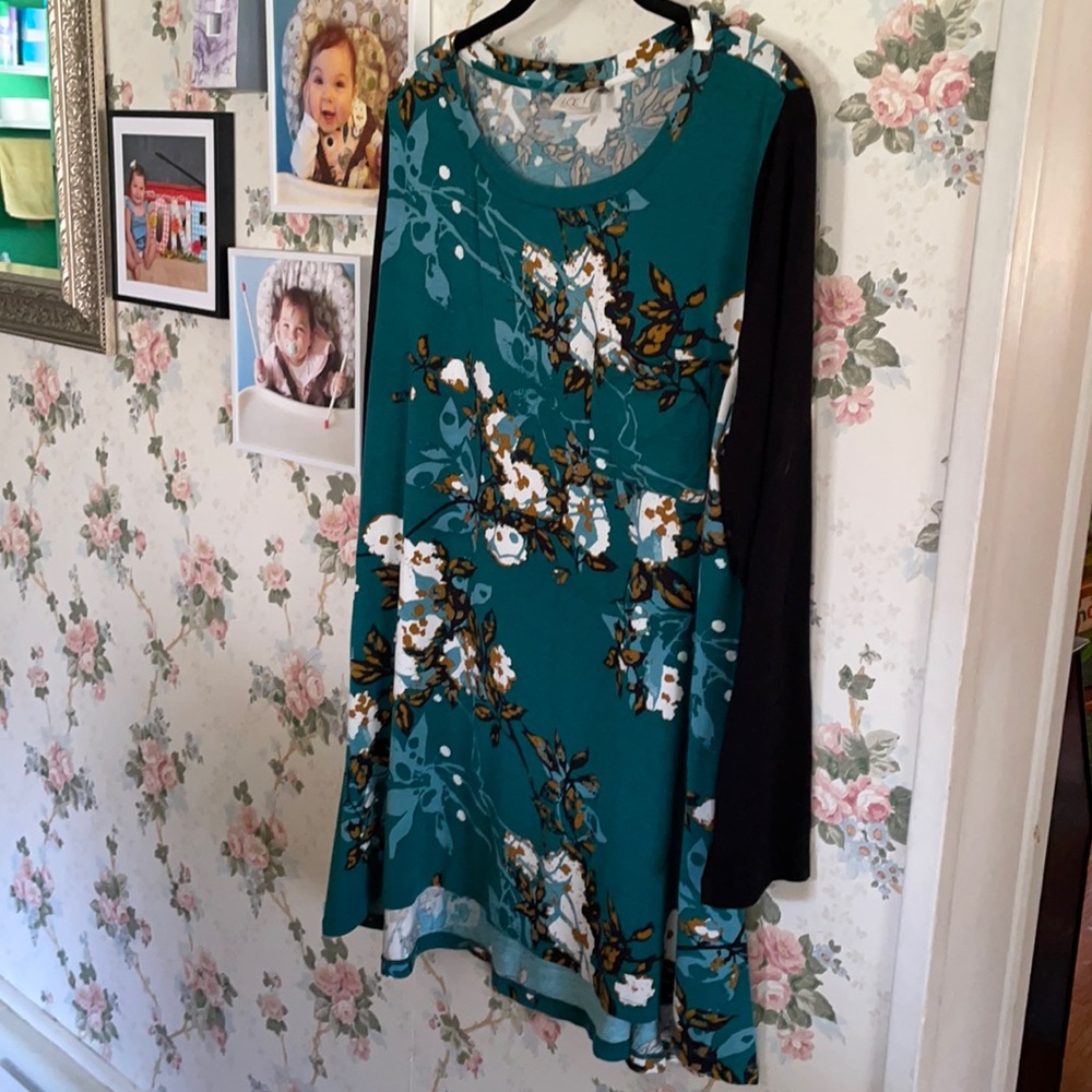 Logo by Lori Goldstein 1xl green multi top tunic LS black white floral EUC